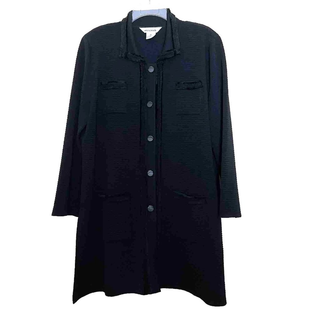 Misook Black Long Sweater Jacket XL Fringe Button Front Pockets Business Casual
